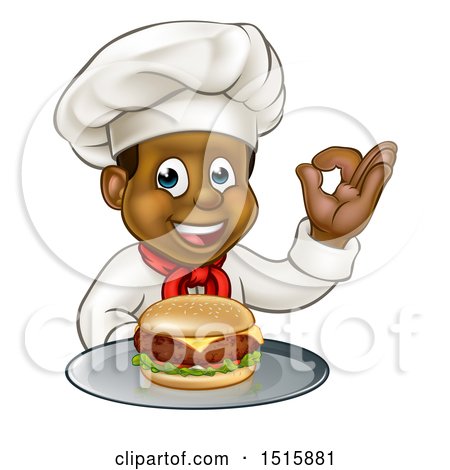 Clipart of a Male Chef Holding a Cheeseburger on a Tray and Gesturing Perfect - Royalty Free Vector Illustration by AtStockIllustration