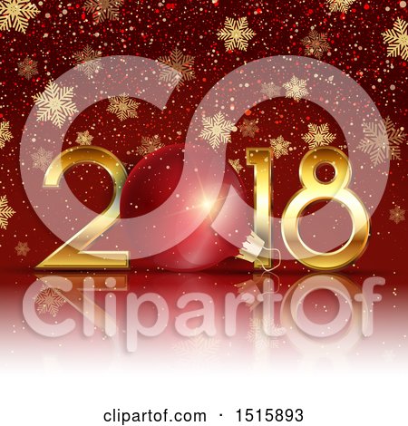 Clipart of a Happy New Year 2018 Design with a Bauble and Snowflakes on Red - Royalty Free Vector Illustration by KJ Pargeter