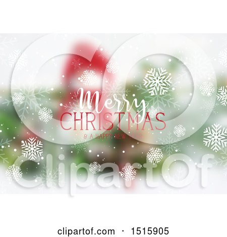 Clipart of a Merry Christmas and a Happy New Year Greeting over a Blurred Background - Royalty Free Vector Illustration by KJ Pargeter