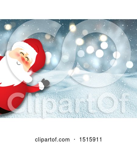 Clipart of a Cartoon Santa Peeking and Waving over a 3d Winter Snow Background - Royalty Free Illustration by KJ Pargeter
