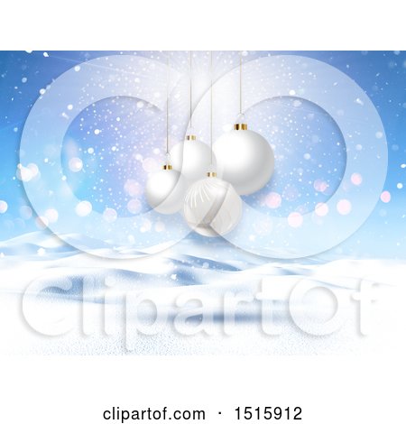 Clipart of a Christmas Background of 3d White Baubles over a Snowy Landscape - Royalty Free Illustration by KJ Pargeter