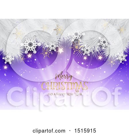 Clipart of a Merry Christmas and a Happy New Year Greeting with Snowflakes Stars and White Branches over Purple - Royalty Free Vector Illustration by KJ Pargeter
