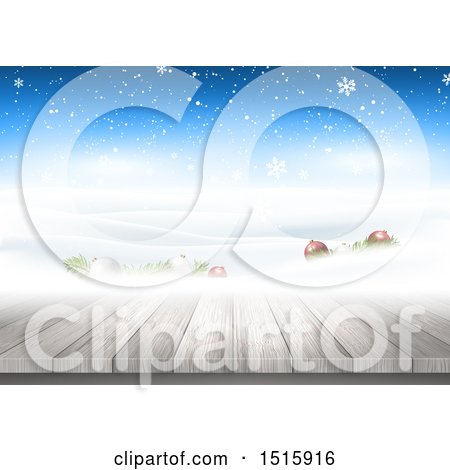 Clipart of a Christmas Background with 3d Baubles in Snow, and a Wood Surface - Royalty Free Vector Illustration by KJ Pargeter
