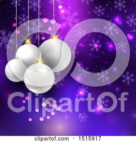 Clipart of a Christmas Background with 3d Suspended White Baubles over Purple and Snowflakes - Royalty Free Vector Illustration by KJ Pargeter