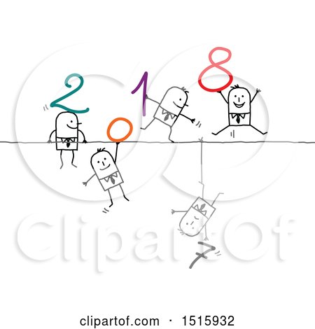 Clipart of a New Year 2018 Design with Stick Men, and One Holding 7 Hanging down - Royalty Free Vector Illustration by NL shop