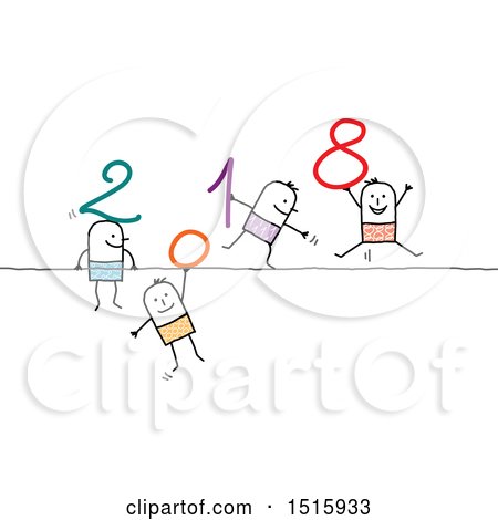 Clipart of a New Year 2018 Design with Patterned Stick Men, and One Holding 7 Hanging down - Royalty Free Vector Illustration by NL shop