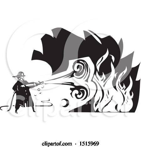 Clipart of a Firefighter Spraying a Fire with a Hose - Royalty Free Vector Illustration by xunantunich