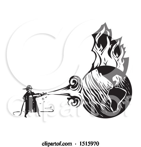 Clipart of a Firefighter Spraying a Burning Globe with a Hose - Royalty Free Vector Illustration by xunantunich
