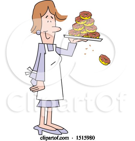 Clipart of a Cartoon Happy Woman Holding a Tray of Donuts, One Falling off - Royalty Free Vector Illustration by Johnny Sajem