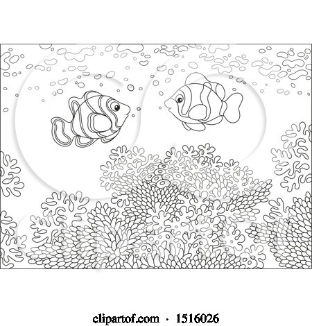 Clipart of a Black and White Coral Reef and Fish - Royalty Free Vector Illustration by Alex Bannykh