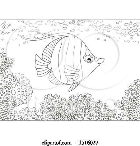Clipart of a Black and White Marine Fish at a Reef - Royalty Free Vector Illustration by Alex Bannykh