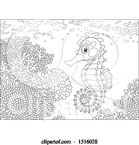 Clipart of a Black and White Seahorse at a Reef - Royalty Free Vector Illustration by Alex Bannykh
