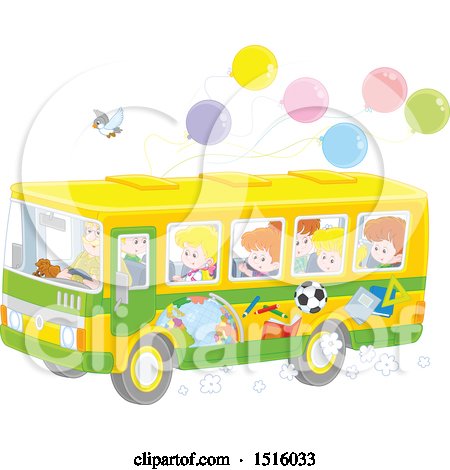 Clipart of a School Bus with Children, a Bird and Ballonos - Royalty Free Vector Illustration by Alex Bannykh
