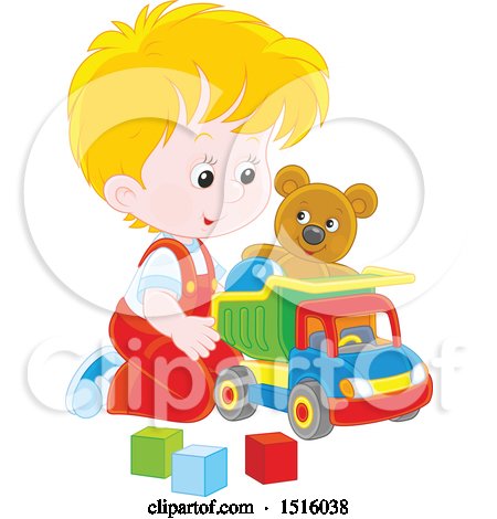 Clipart of a Little Caucasian Boy Playing with a Toy Dump Truck, Teddy Bear and Blocks - Royalty Free Vector Illustration by Alex Bannykh