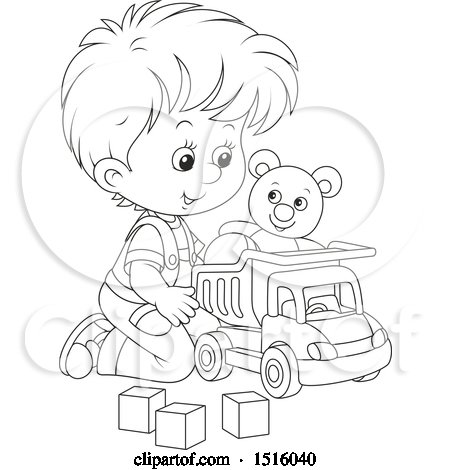 Clipart of a Black and White Little Boy Playing with a Toy Dump Truck, Teddy Bear and Blocks - Royalty Free Vector Illustration by Alex Bannykh