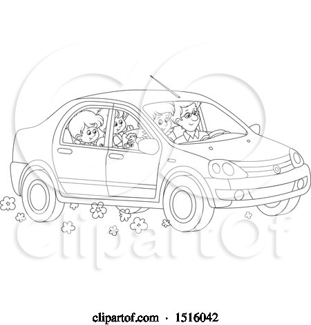 Clipart of a Black and White Happy Family Going on a Road Trip - Royalty Free Vector Illustration by Alex Bannykh