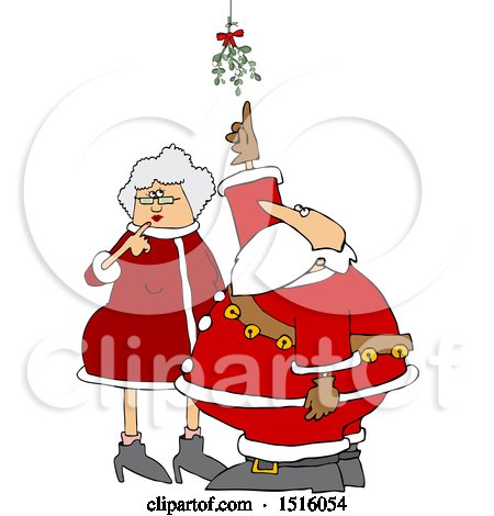 Clipart of a Cartoon Christmas Santa Claus and the Mrs Under the Mistletoe - Royalty Free Vector Illustration by djart