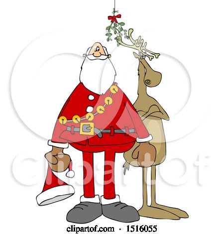 Clipart of a Cartoon Christmas Santa Claus and Reindeer Under the Mistletoe - Royalty Free Vector Illustration by djart