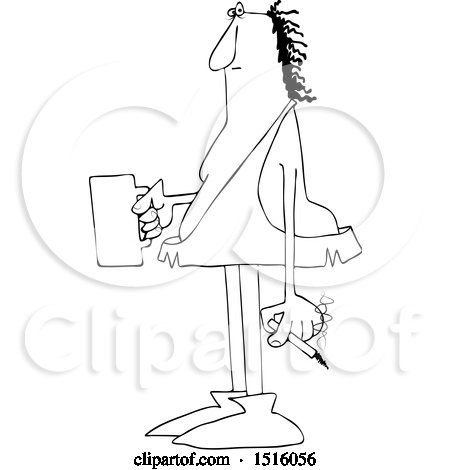 Clipart of a Cartoon Black and White Caveman Smoking a Cigarette and Drinking Coffee - Royalty Free Vector Illustration by djart