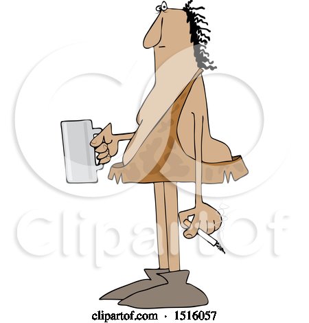 Clipart of a Cartoon Caveman Smoking a Cigarette and Drinking Coffee - Royalty Free Vector Illustration by djart