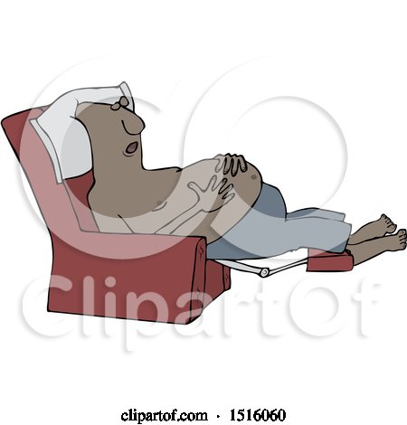 Clipart of a Cartoon Shirtless Black Man Sleeping in a Recliner Chair, Resting His Hands on His Belly - Royalty Free Vector Illustration by djart