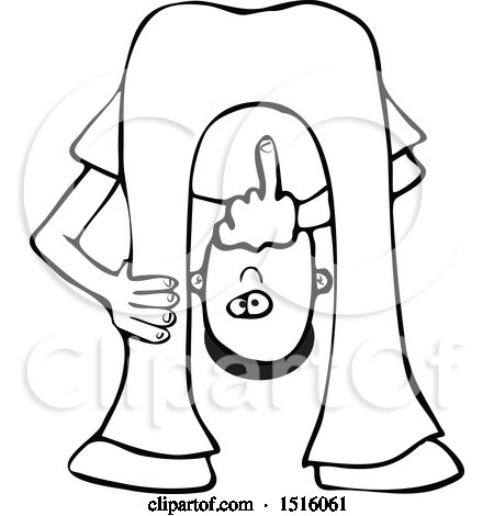 Clipart of a Cartoon Lineart Black Man Bending Over, Looking Between His Legs and Flipping the Bird Middle Finger - Royalty Free Vector Illustration by djart