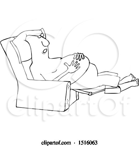 Clipart of a Cartoon Black and White Shirtless Man Sleeping in a Recliner Chair, Resting His Hands on His Belly - Royalty Free Vector Illustration by djart