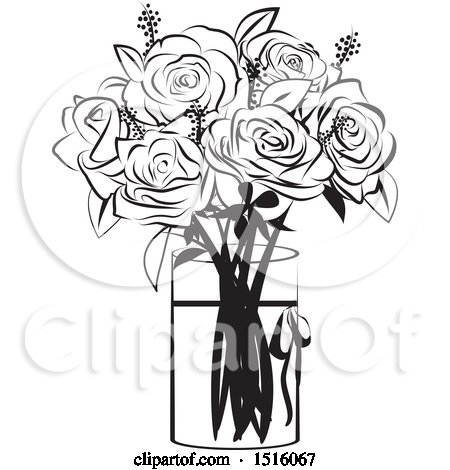 Clipart of a Black and White Rose Boquet in a Vase - Royalty Free Vector Illustration by Vitmary Rodriguez
