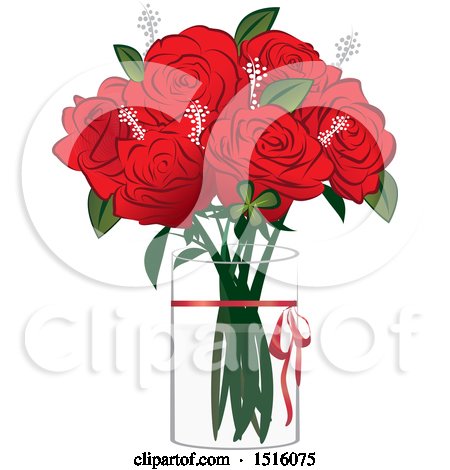 Clipart of a Red Rose Boquet in a Vase - Royalty Free Vector Illustration by Vitmary Rodriguez