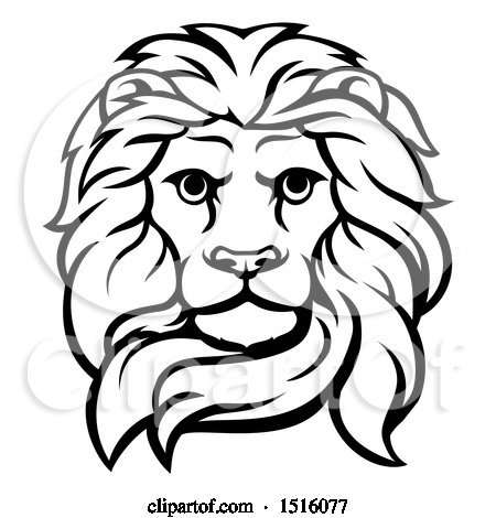 Clipart of a Black and White Male Lion Head - Royalty Free Vector Illustration by AtStockIllustration