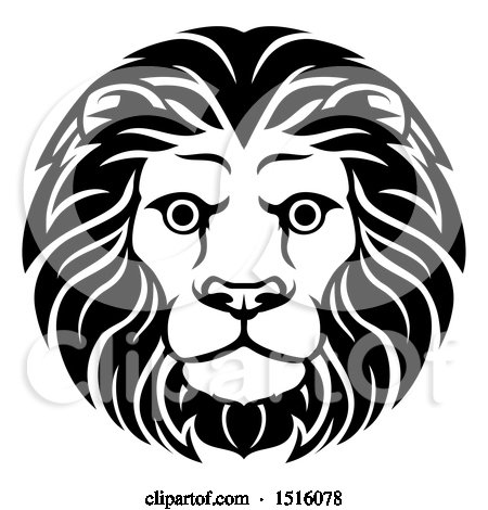 Clipart of a Black and White Male Lion Head - Royalty Free Vector Illustration by AtStockIllustration