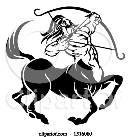 Clipart of a Zodiac Horoscope Astrology Centaur Sagittarius Design in Black and White - Royalty Free Vector Illustration by AtStockIllustration