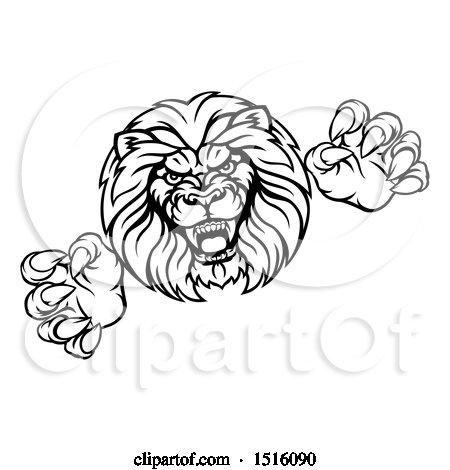 Clipart of a Black and White Male Lion Attacking - Royalty Free Vector Illustration by AtStockIllustration