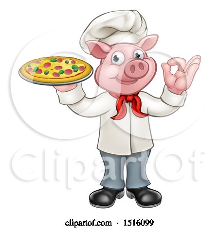 Clipart of a Full Length Chef Pig Gesturing Perfect and Holding a Pizza - Royalty Free Vector Illustration by AtStockIllustration
