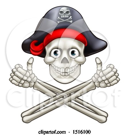 Clipart of a Pirate Skull and Cross Bones Jolly Roger, with Thumbs up - Royalty Free Vector Illustration by AtStockIllustration