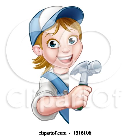 Clipart of a Cartoon Happy White Female Carpenter Holding a Hammer Around a Sign - Royalty Free Vector Illustration by AtStockIllustration