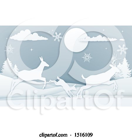 Clipart of a Paper Craft Styled Deer Family with Snowflakes at Night - Royalty Free Vector Illustration by AtStockIllustration