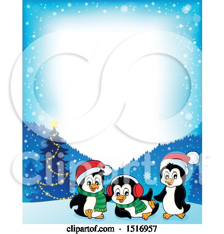 Clipart of a Border of a Christmas Tree and Penguins - Royalty Free Vector Illustration by visekart