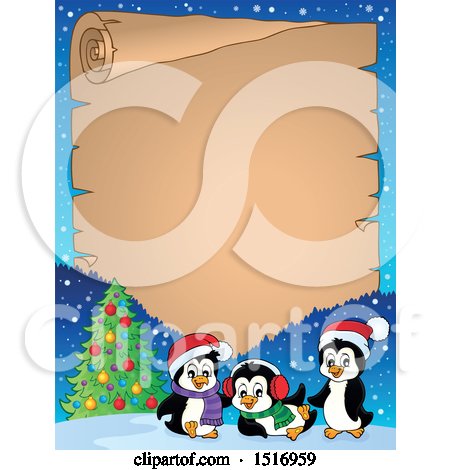 Clipart of a Parchment Scroll Border of a Christmas Tree and Penguins - Royalty Free Vector Illustration by visekart