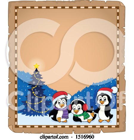 Clipart of a Parchment Border of a Christmas Tree and Penguins - Royalty Free Vector Illustration by visekart