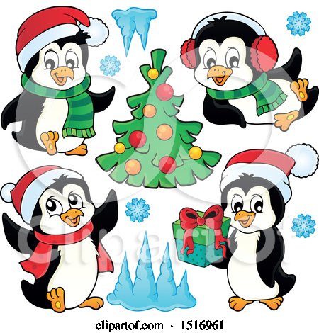 Clipart of a Christmas Tree and Penguins with Snowflakes and Ice - Royalty Free Vector Illustration by visekart