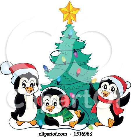 Clipart of a Christmas Tree and Penguins - Royalty Free Vector Illustration by visekart