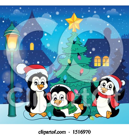 Clipart of a Christmas Tree and Penguins - Royalty Free Vector Illustration by visekart