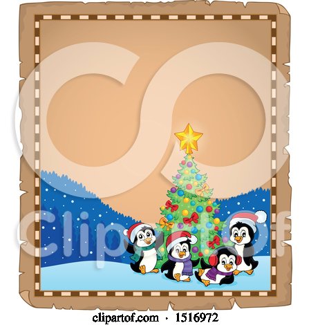 Clipart of a Parchment Border of a Christmas Tree and Penguins - Royalty Free Vector Illustration by visekart