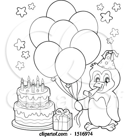 Clipart of a Black and White Party Penguin with Balloons and Gifts - Royalty Free Vector Illustration by visekart
