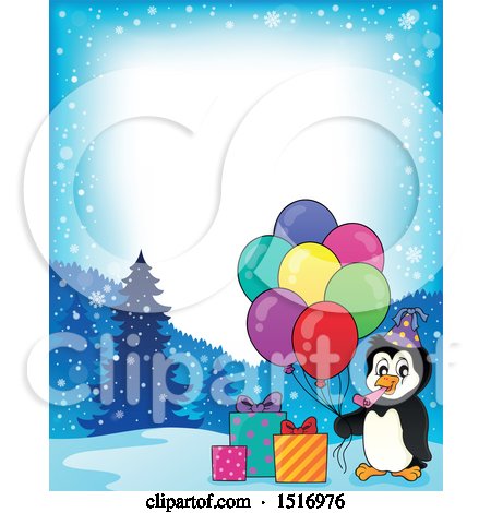 Clipart of a Border of Party Penguins with Balloons and Gifts - Royalty Free Vector Illustration by visekart