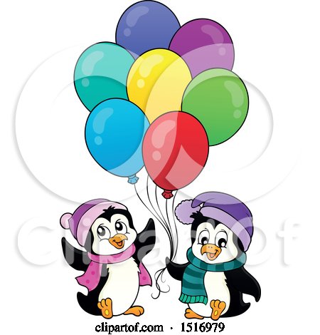 Clipart of Party Penguins with Balloons and Gifts - Royalty Free Vector Illustration by visekart