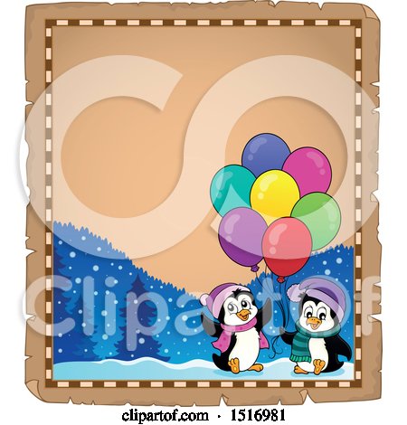 Clipart of a Parchment Border of Party Penguins with Balloons and Gifts - Royalty Free Vector Illustration by visekart