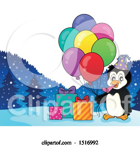 Clipart of a Party Penguin with Balloons and Gifts - Royalty Free Vector Illustration by visekart