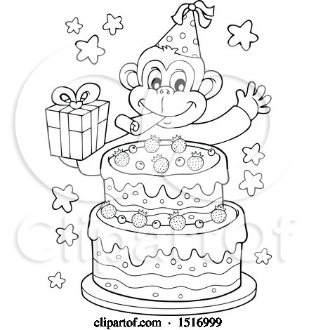 Clipart of a Black and White Birthday Party Monkey Holding a Gift over a Cake - Royalty Free Vector Illustration by visekart